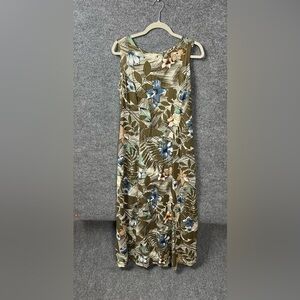 Teddi Dress Woman's Sz 12 Green‎ Blue Cream Sleeveless Maxi Floral Tropical VTG